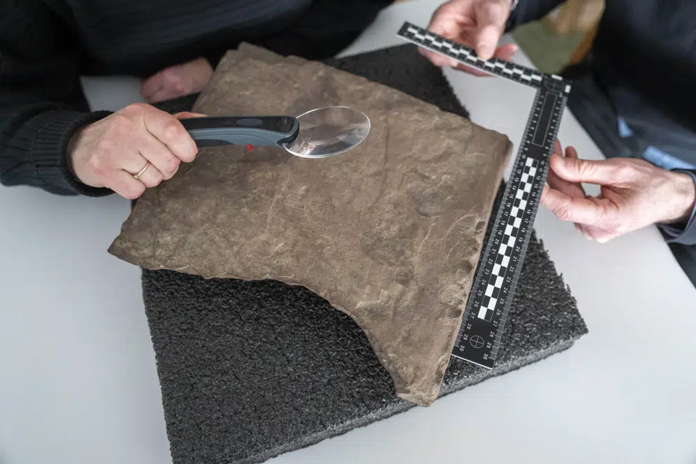 Researchers inspecting the Svingerud stone. source: Associated Press.